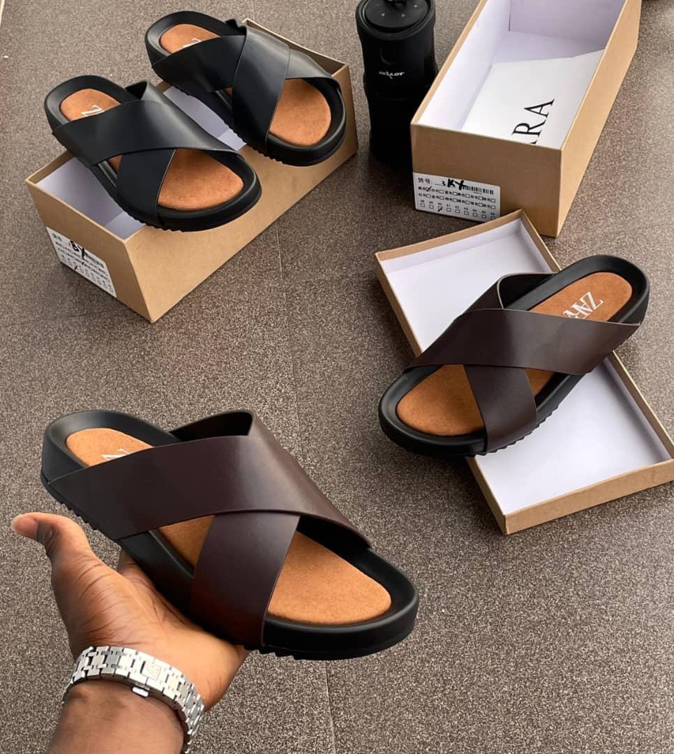 Zara Men's Cross-Strap Flat Leather Sandals