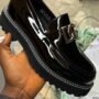 Black Patent Leather Lug Sole Loafers with Metallic Buckle – Luxury Men’s Shoes