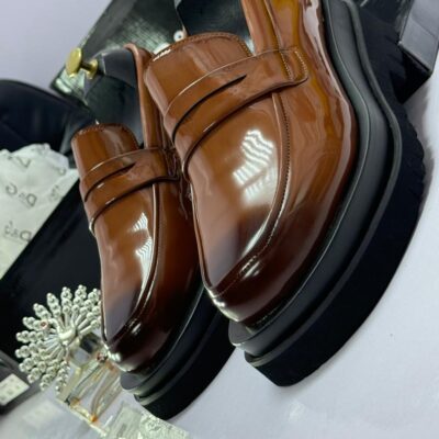 Brown Glossy Leather Penny Loafers with Platform Sole