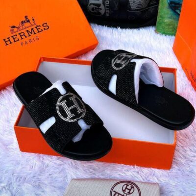 Hermès Paris Crystal “H” Logo Black Leather Sandals