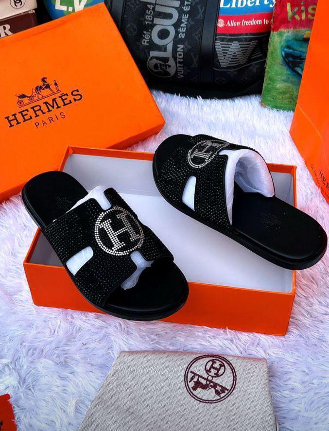 Hermès Paris Crystal “H” Logo Black Leather Sandals