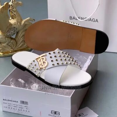Balenciaga Men’s Studded Cross-Strap Leather Sandals in White