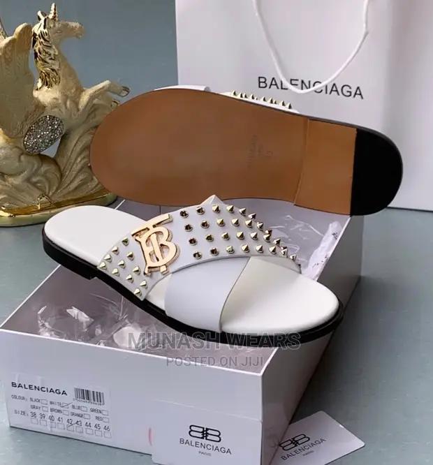 Balenciaga Men's Studded Cross-Strap Leather Sandals in White