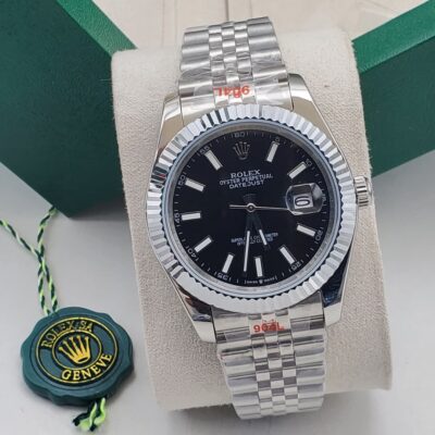 Classic Rolex Datejust Steel Watch Fluted Bezel Black Dial