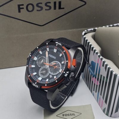 Fossil Matte Black Chronograph Watch with Orange Accents