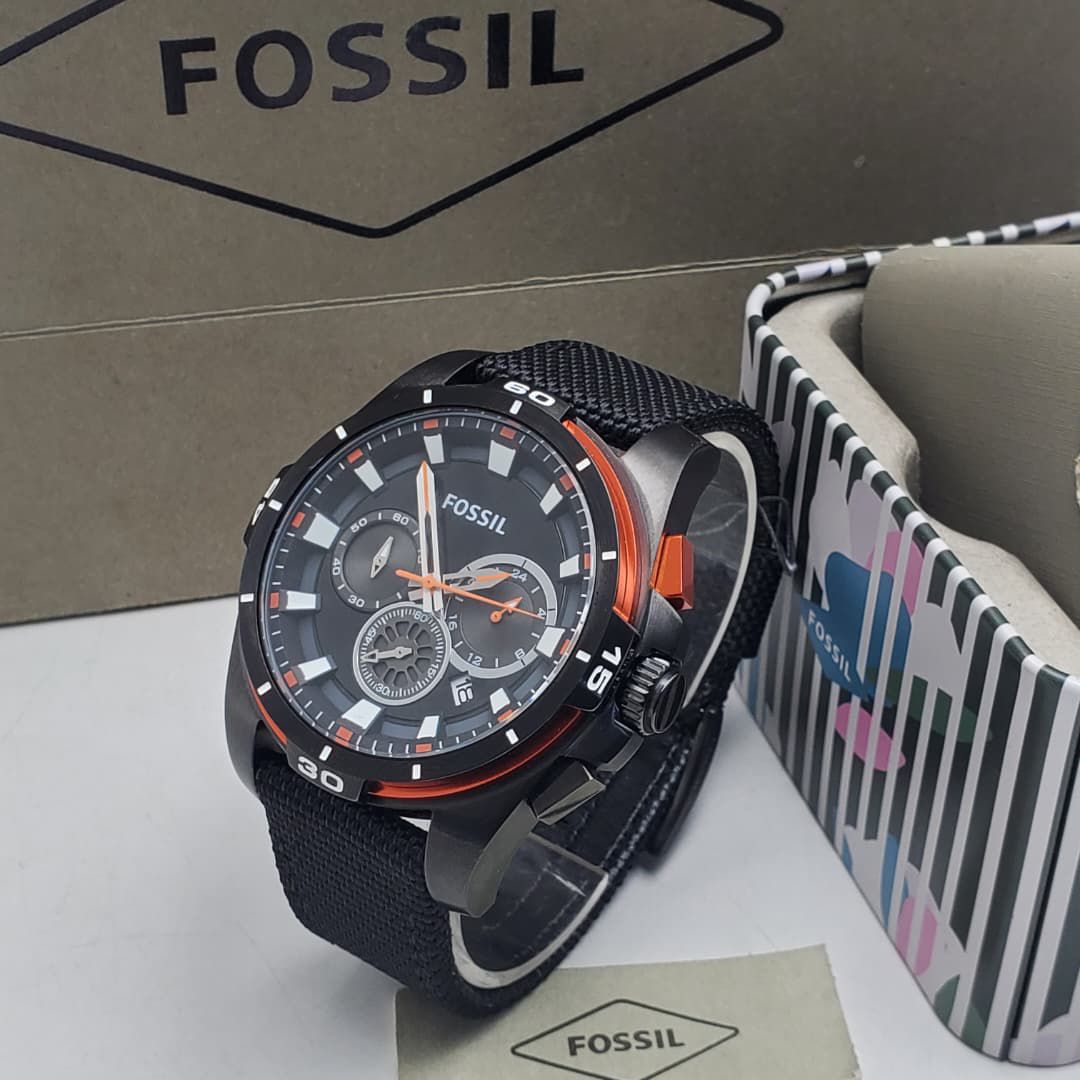 Fossil Matte Black Chronograph Watch with Orange Accents