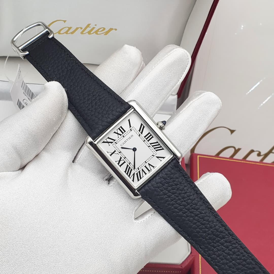 Cartier Men’s Silver Tank Watch with Textured Black Leather Strap