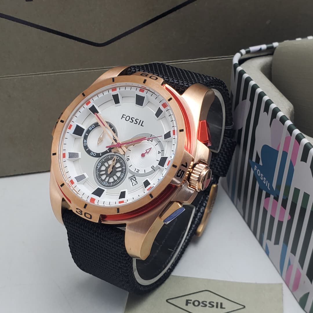 Fossil Professional Rose Gold and Black Textured Strap Watch