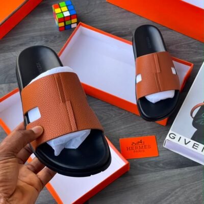 Luxury Brown Leather Slide Sandals with Black Sole | Splendourman