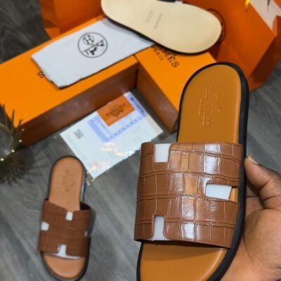 Luxury Brown Croc-Effect Slide Sandals with Black Sole | Splendourman