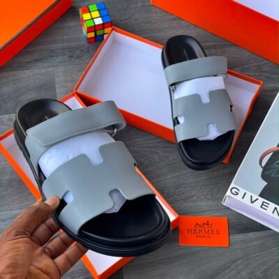 Luxury Two-Strap Grey Slides with Black Sole | Splendourman
