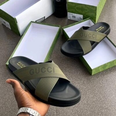 Olive Green Gucci-Inspired Slide Sandals with Black Sole | Splendourman