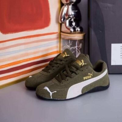 Olive Green Puma Suede Sneakers with Gold Accents | Splendourman