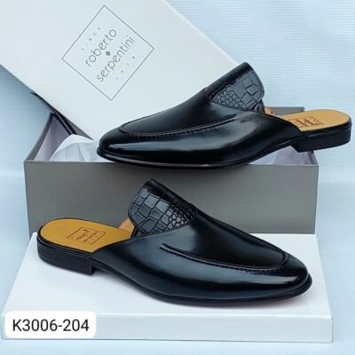 Black Leather Moccasin Half Shoes with Crocodile Embossed Detail | Splendourman