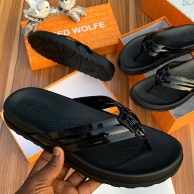 Black Luxury Flip Flops with Shiny Strap and Embossed Logo | Splendourman