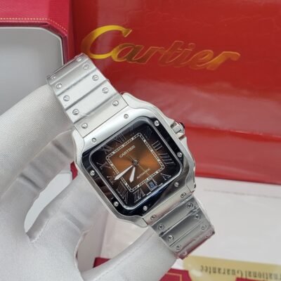 Cartier Silver Watch with Brown Face and Automatic Movement | Splendourman