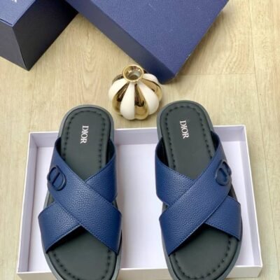 Dior Navy Blue Leather Crisscross Slide Sandals