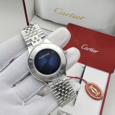 Cartier Silver Watch with Blue Dial