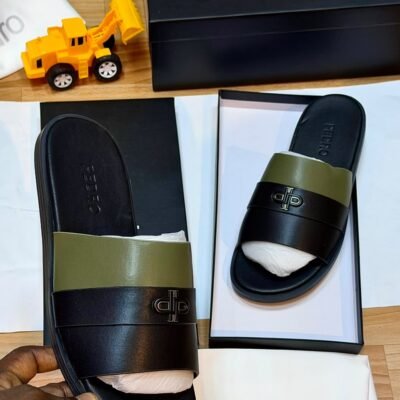Pedro Luxury Black Slides with Green Accent